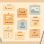 Calendrier éditorial artistique avec visuels créatifs en arrière-plan