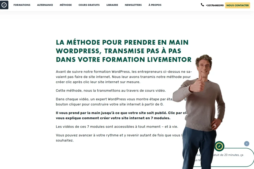 Capture d'écran de la page de présentation de la formation à Wordpress sur le site Livementor