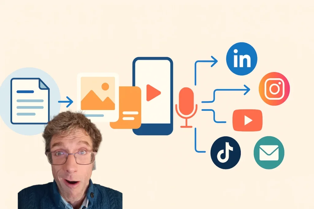 Cycle de recyclage d’un article de blog en plusieurs formats puis diffusé sur les réseaux sociaux et newsletter