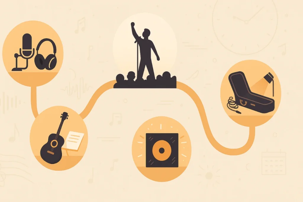 Exemple de storytelling sériel pour un OF musical : série de petites vignettes (studio, concert, release) reliées sur une timeline