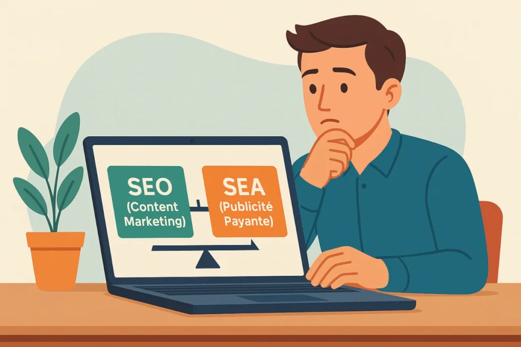 Entrepreneur hésitant entre SEO (content marketing) et SEA (publicité payante) pour lancer son activité