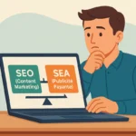 Entrepreneur hésitant entre SEO (content marketing) et SEA (publicité payante) pour lancer son activité