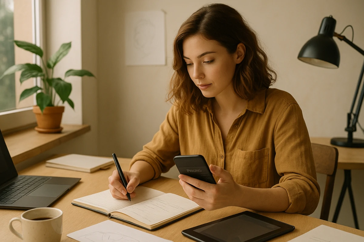 Créateur de contenu calculant le prix de son abonnement sur smartphone, lumière douce et ambiance de travail numérique.