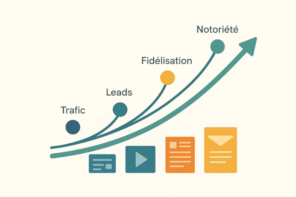 Courbe ascendante illustrant l’effet cumulatif du marketing de contenu sur la croissance d’une entreprise