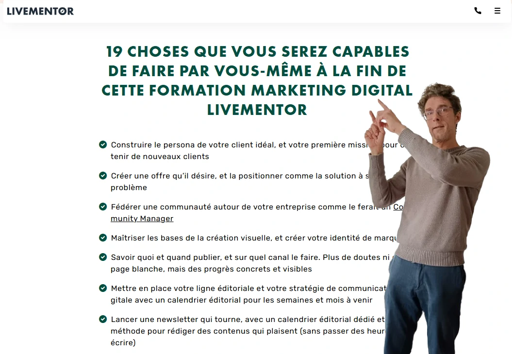 Capture d'écran de la page de présentation du programme de formation "Marketing digital" de Livementor