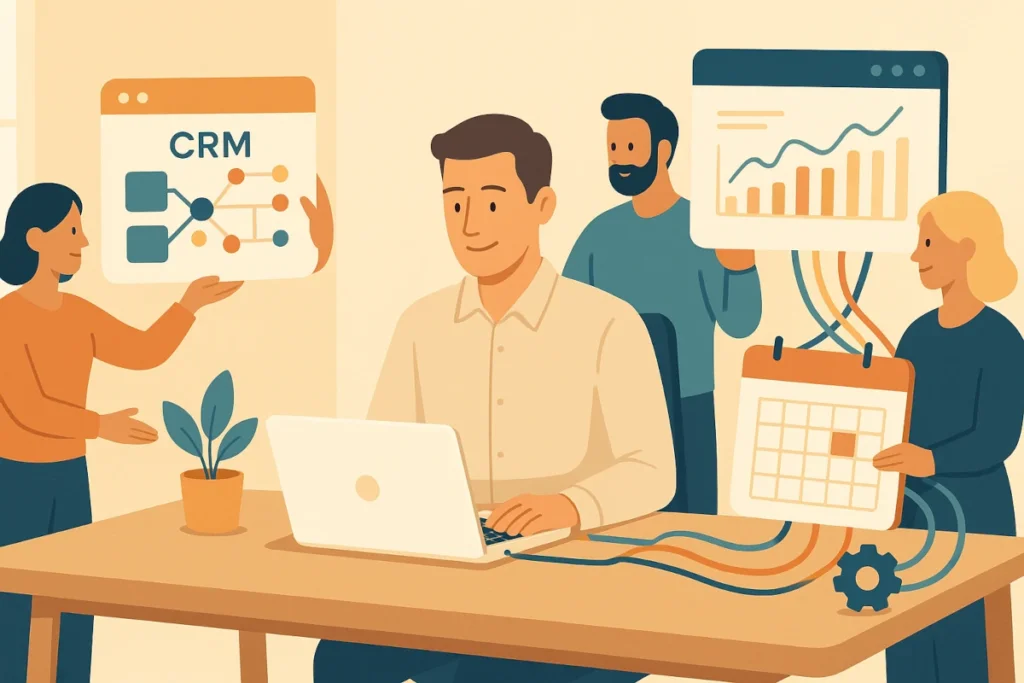 Manager d’agence OFM installant ses outils de gestion et automatisation, symbolisant la montée en puissance professionnelle