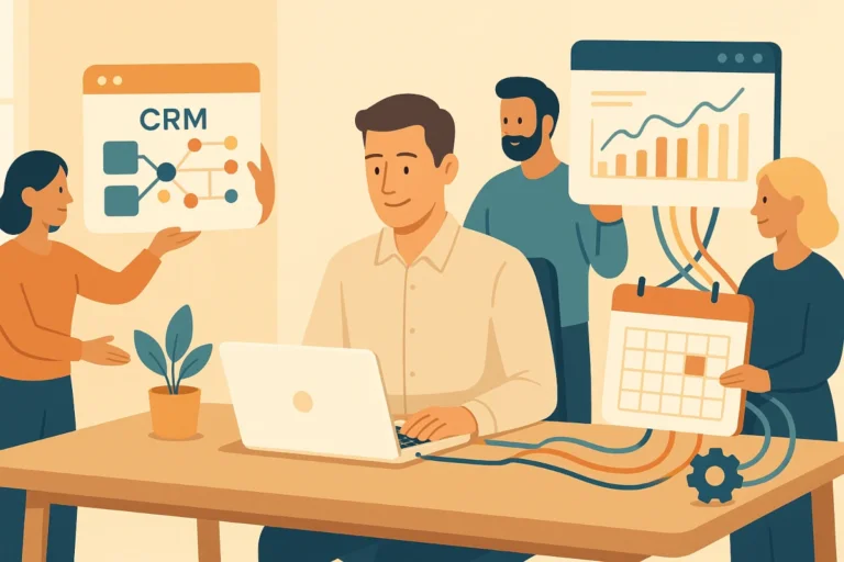 Manager d’agence OFM installant ses outils de gestion et automatisation, symbolisant la montée en puissance professionnelle