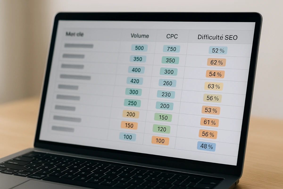 Tableau de recherche de mots-clés avec volumes et difficultés SEO colorés