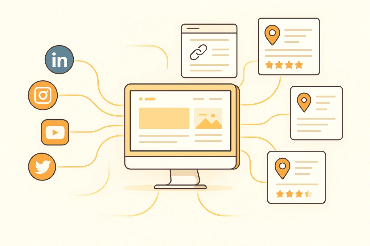 Signaux off-site : illustration reliant réseaux sociaux, blogs et fiches locales à un site web central.