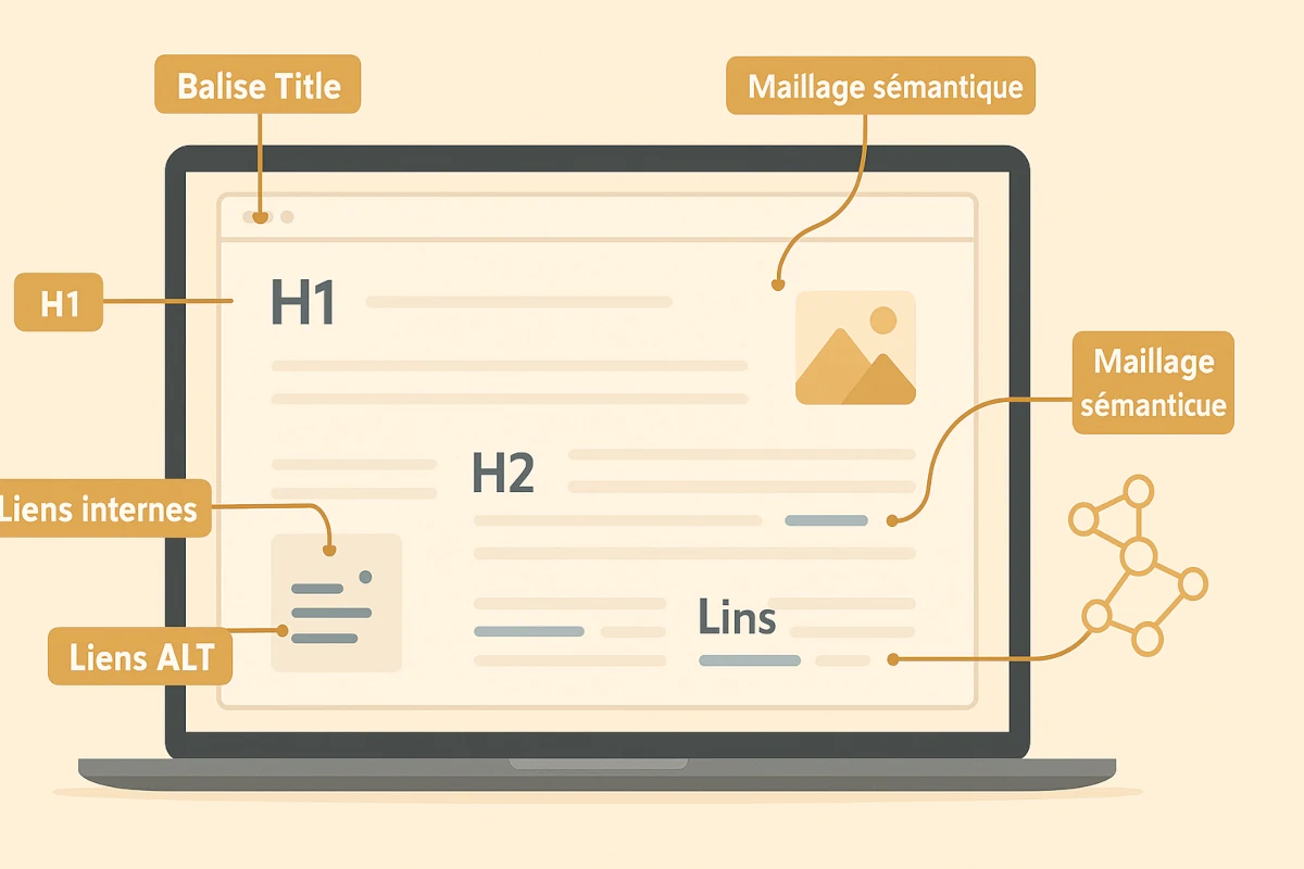 Schéma d’une page web annotée montrant les principaux éléments du SEO on-page