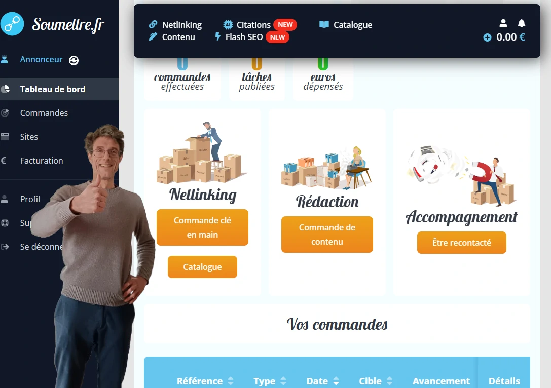 Tableau de bord de la plateforme de netlinking Soumettre.fr