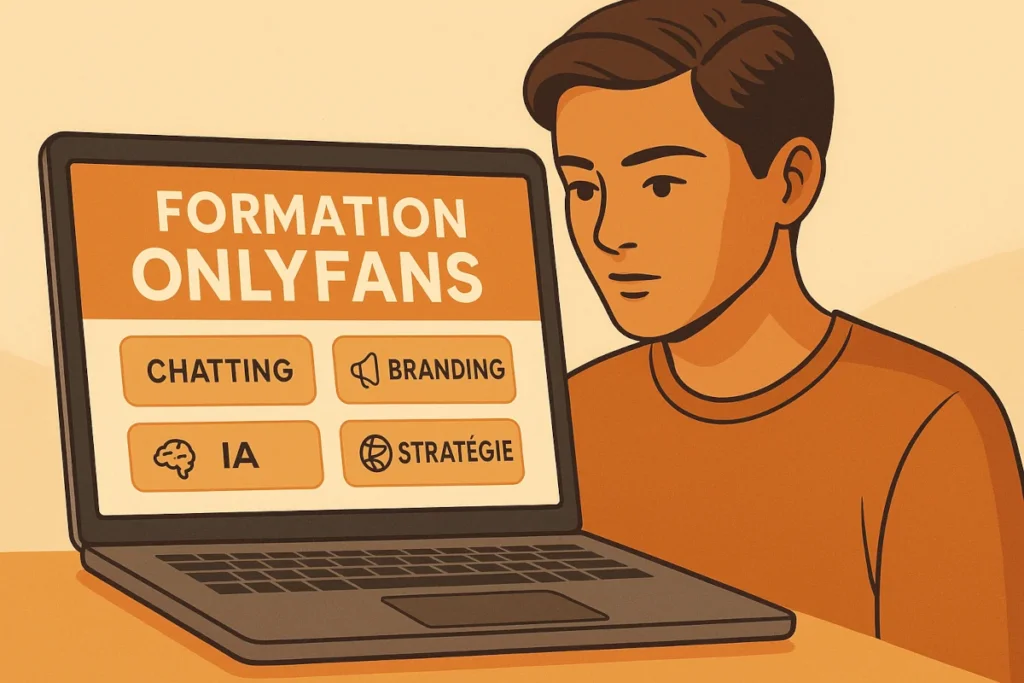 Ordinateur affichant des modules de formation OnlyFans, symbolisant la montée en compétence d’un créateur