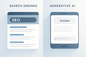Illustration montrant l’évolution des moteurs entre recherche classique et générative, le nouveau terrain de jeu d'une agence SEO GEO
