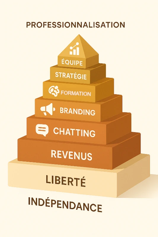 Schéma montrant la progression d’un créateur OnlyFans du rêve à la professionnalisation à travers les modules Chatting, Branding, IA et Stratégie