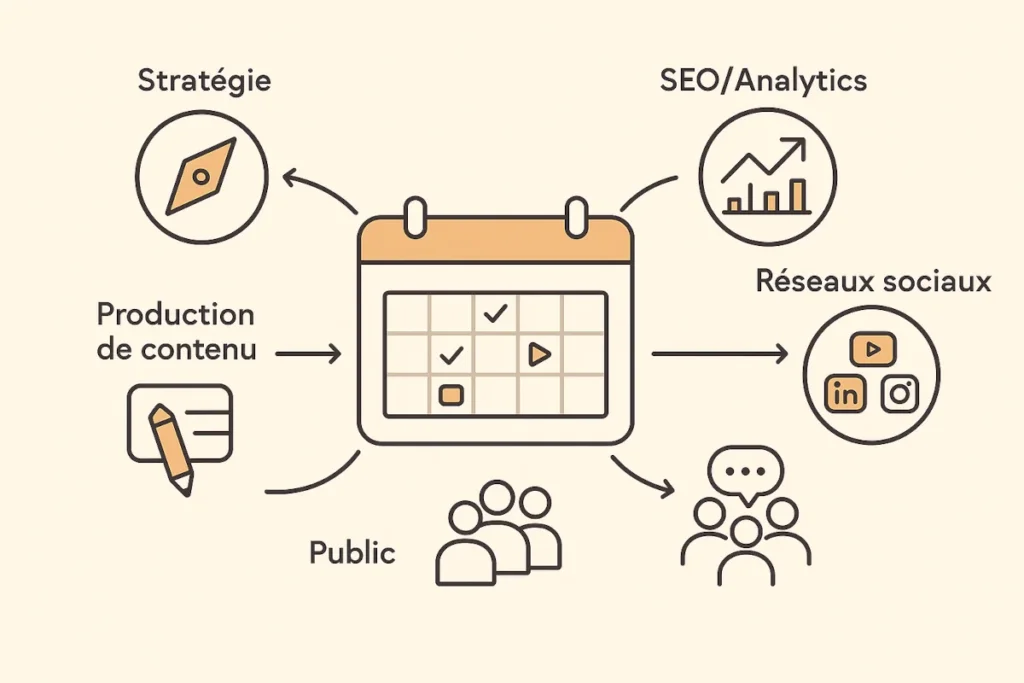 Schéma minimaliste illustrant l’écosystème du calendrier éditorial, avec des pictogrammes reliés par des flèches.