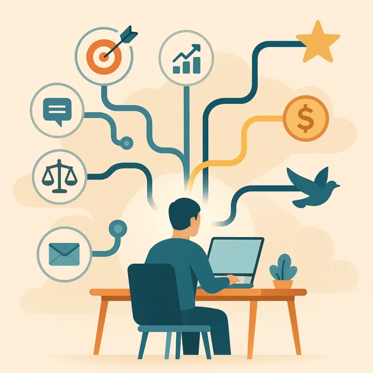 Créateur de contenu devant son ordinateur entouré des rôles d’une agence OnlyFans menant à la notoriété, des revenus et la liberté