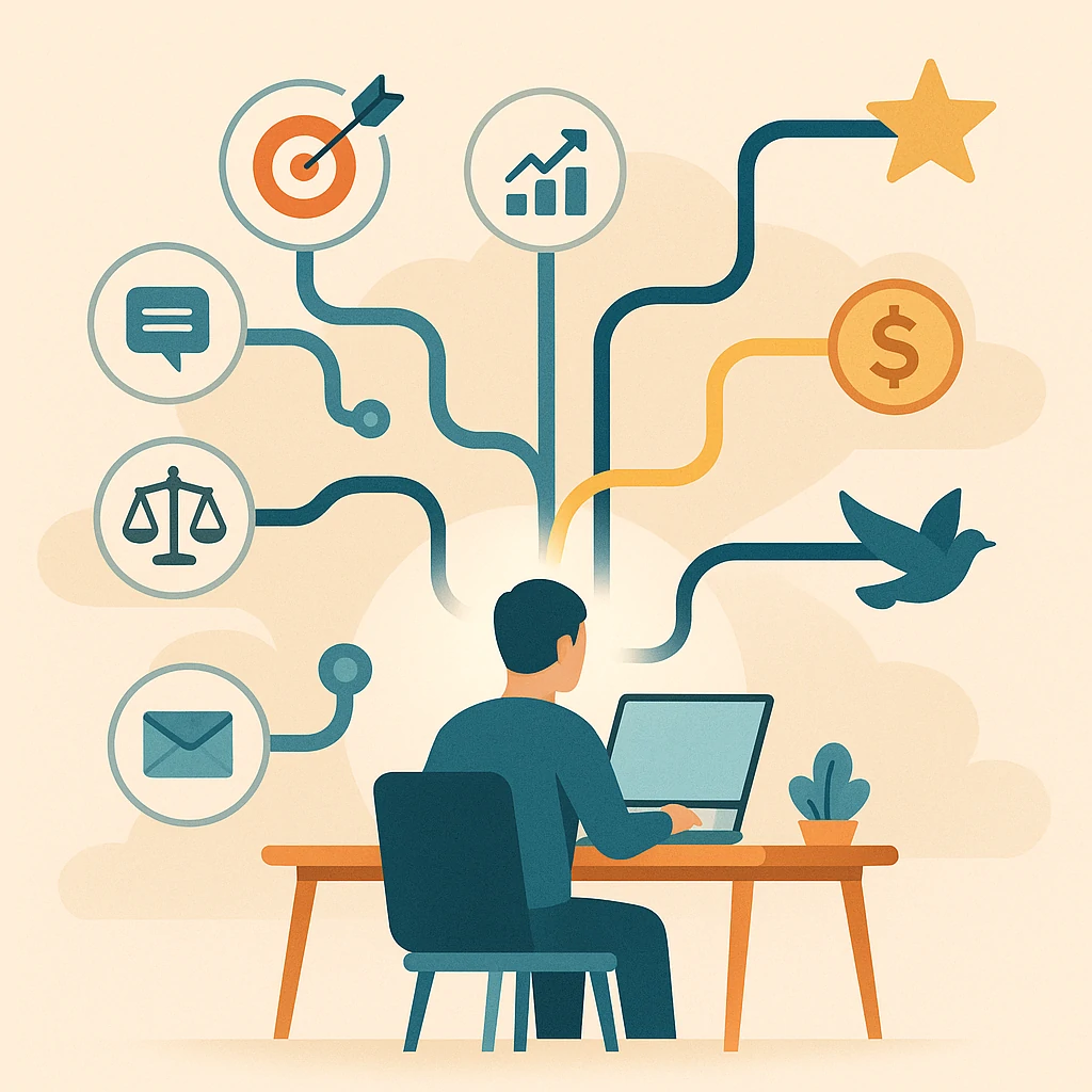 Créateur de contenu devant son ordinateur entouré des rôles d’une agence OnlyFans menant à la notoriété, des revenus et la liberté