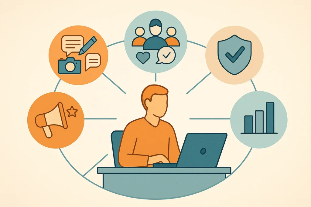 Illustration du community manager au centre d’un écosystème digital, reliant création de contenu, animation de communauté, modération, analyse des performances et gestion de la réputation en ligne