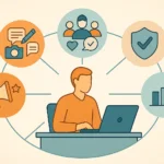 Illustration du community manager au centre d’un écosystème digital, reliant création de contenu, animation de communauté, modération, analyse des performances et gestion de la réputation en ligne