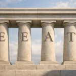 Illustration représentant quatre piliers architecturaux symbolisant les critères EEAT : Expérience, Expertise, Autorité et Fiabilité en SEO.