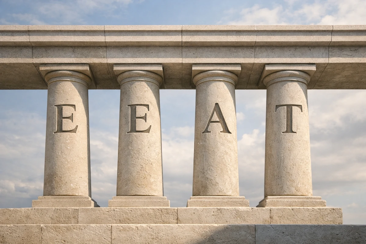 Illustration représentant quatre piliers architecturaux symbolisant les critères EEAT : Expérience, Expertise, Autorité et Fiabilité en SEO.