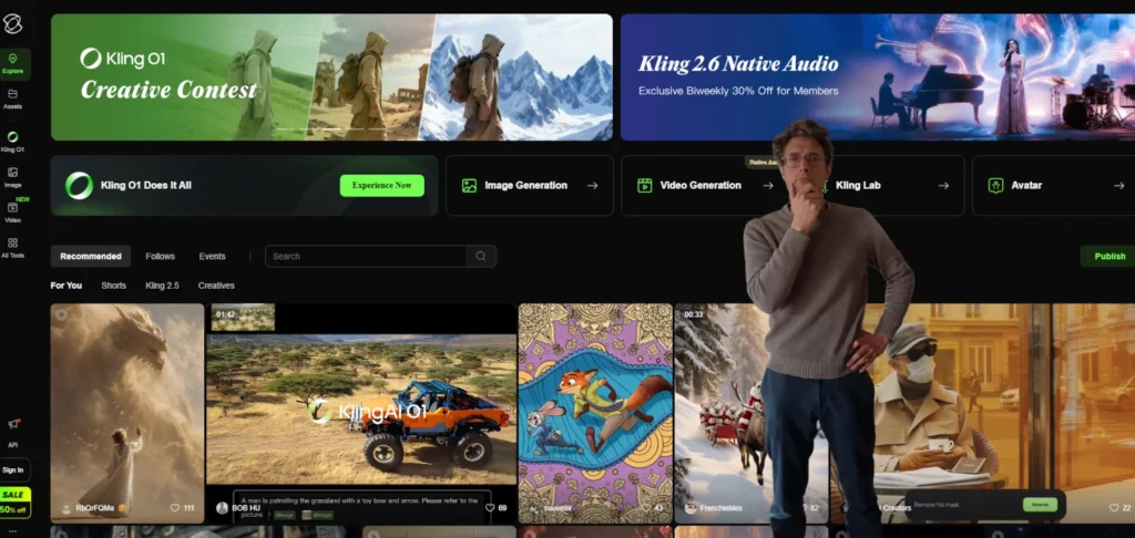 Page d'accueil de Kling AI avec Fabien Pusset interrogatif