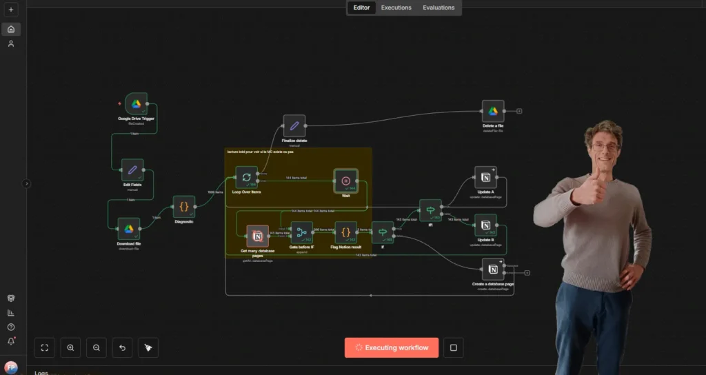 interface n8n avec un workflow en cours d'exécution