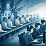 Illustration conceptuelle représentant une usine produisant des avatars IA en série pour la création automatisée de contenus et de conversations.