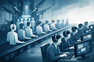 Illustration conceptuelle représentant une usine produisant des avatars IA en série pour la création automatisée de contenus et de conversations.