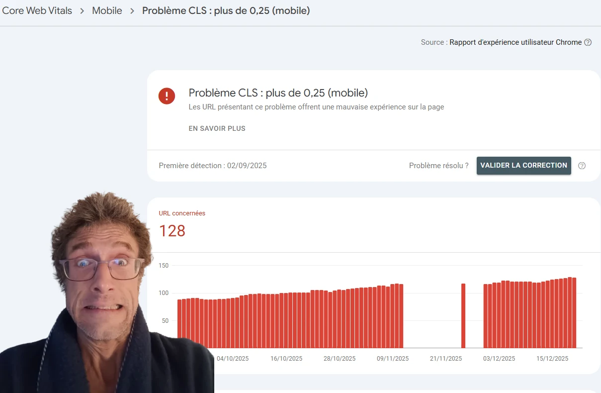 Fabien Pusset inquiet devant un problème CLS affiché dans la Google Search Console