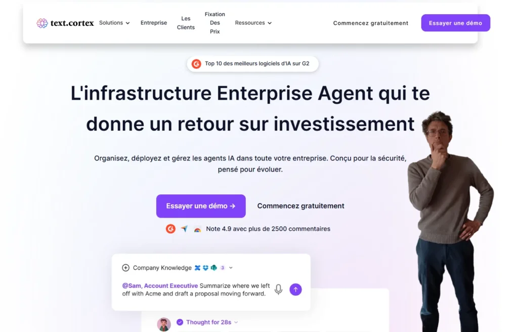 Page d'accueil du site de Text Cortex, avec une incrustation de Fabien Pusset qui s'interroge sur la valeur de cet outil IA