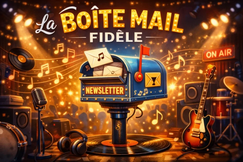 Boîte aux lettres stylisée dans un univers musical symbolisant une newsletter artistique régulière et attendue