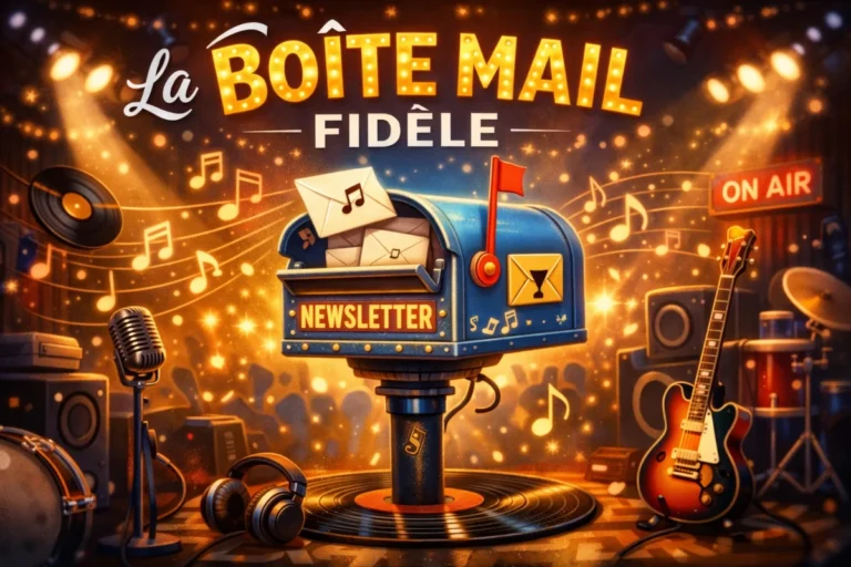 Boîte aux lettres stylisée dans un univers musical symbolisant une newsletter artistique régulière et attendue