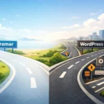 Illustration d’un carrefour symbolisant le choix d’un CMS, avec une route minimaliste menant vers Framer et une route plus complexe menant vers WordPress