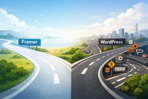 Illustration d’un carrefour symbolisant le choix d’un CMS, avec une route minimaliste menant vers Framer et une route plus complexe menant vers WordPress
