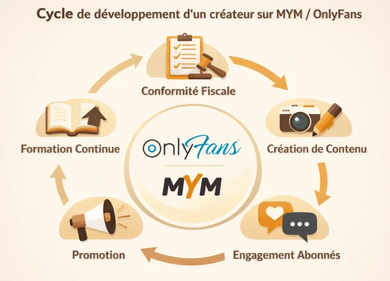 Schéma du cycle de développement d’un créateur sur MYM et OnlyFans, incluant conformité fiscale, création de contenu, engagement des abonnés, promotion et formation continue