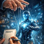 Illustration représentant la maîtrise de l’intelligence artificielle par le prompt, symbolisée par une main guidant une figure d’IA pour orienter la création de contenu.