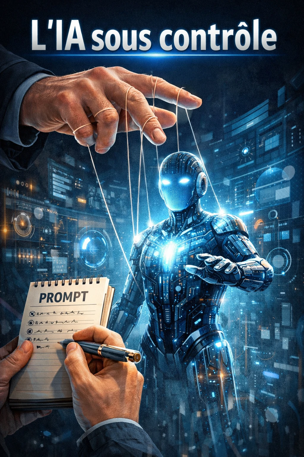 Illustration représentant la maîtrise de l’intelligence artificielle par le prompt, symbolisée par une main guidant une figure d’IA pour orienter la création de contenu.