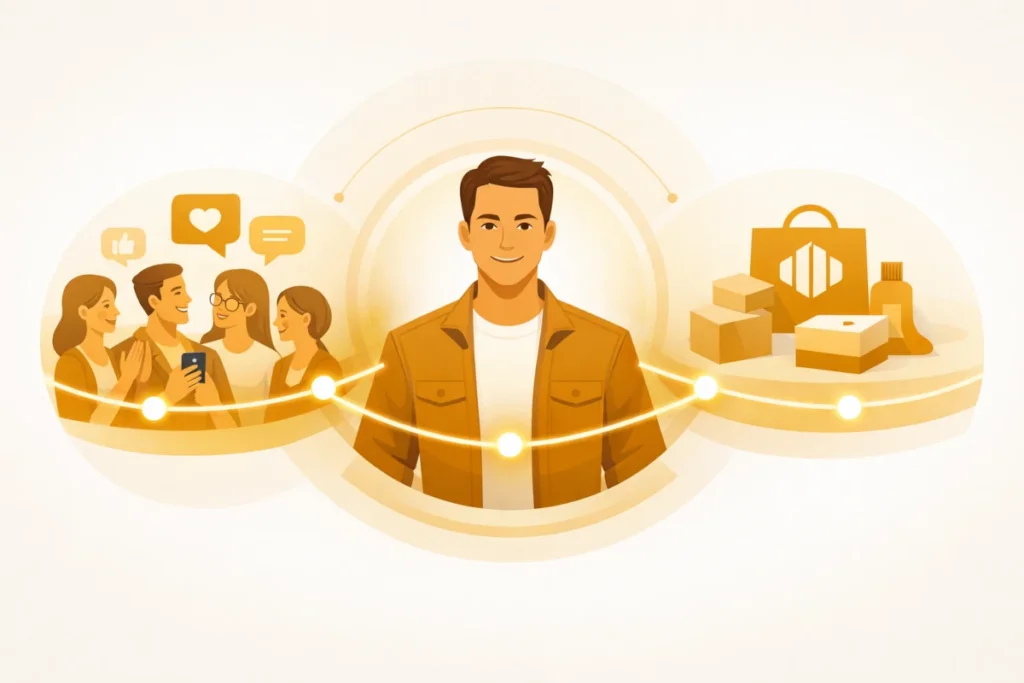 Illustration du marketing d’influence montrant la chaîne de confiance entre influenceur, audience et marque