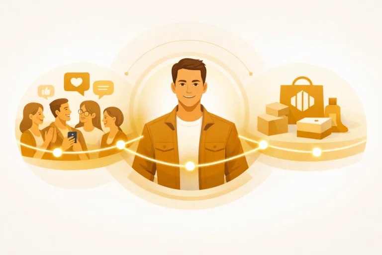 Illustration du marketing d’influence montrant la chaîne de confiance entre influenceur, audience et marque