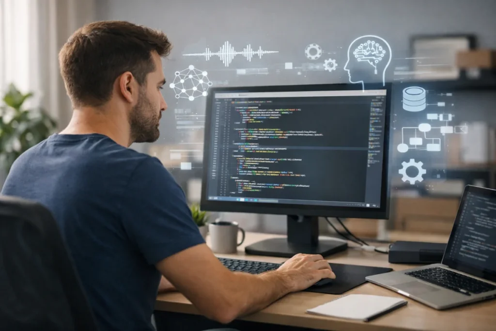Développeur web travaillant sur du code avec des éléments visuels symbolisant l’intelligence artificielle et l’évolution du métier