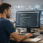 Développeur web travaillant sur du code avec des éléments visuels symbolisant l’intelligence artificielle et l’évolution du métier