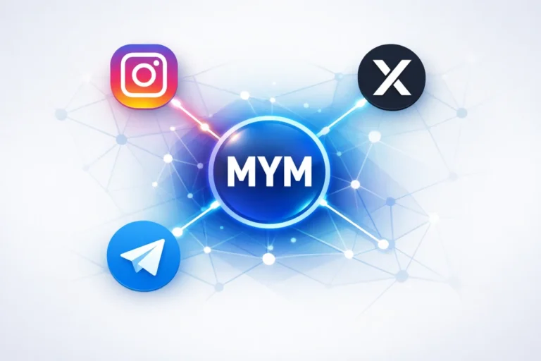 Réseaux sociaux connectés autour de MYM illustrant la stratégie de promotion croisée pour gagner des abonnés