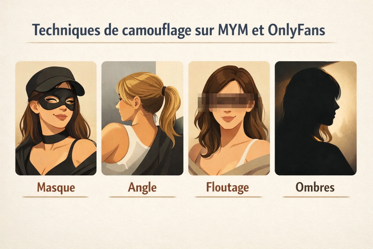 Infographie présentant quatre techniques de camouflage du visage sur MYM et OnlyFans : masque, angle de prise de vue, floutage et jeu d’ombres.