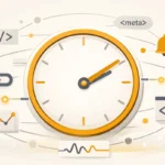 Illustration d’une veille technique SEO en continu avec une horloge stylisée entourée d’éléments web et de balises HTML symbolisant le monitoring 24/7 d’un site