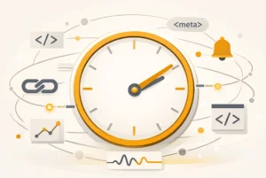 Illustration d’une veille technique SEO en continu avec une horloge stylisée entourée d’éléments web et de balises HTML symbolisant le monitoring 24/7 d’un site