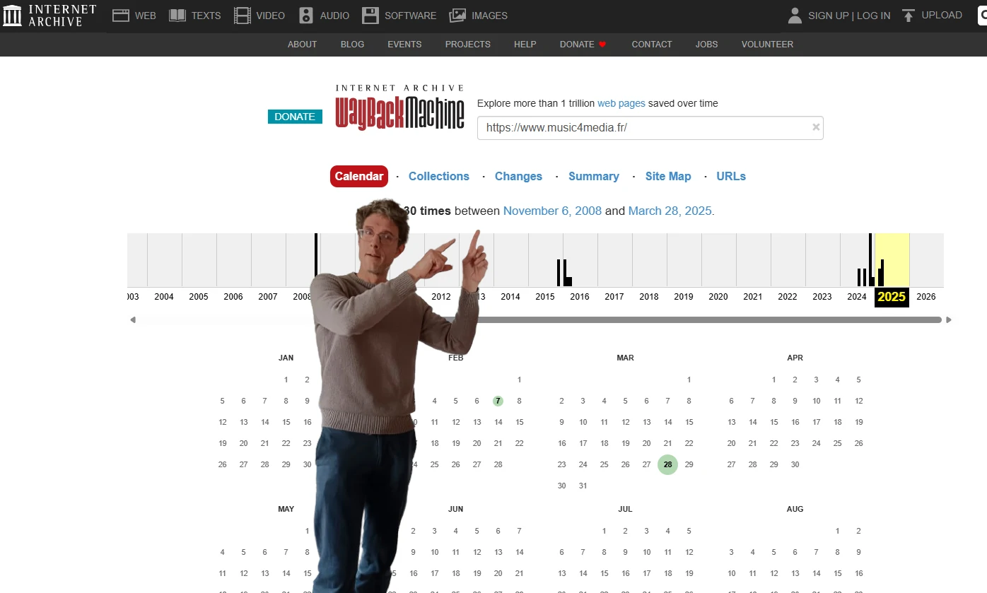 Page de résultat de la wayback machine, un site qui archive tout l'internet !