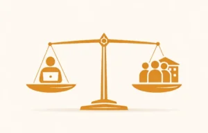 Illustration minimaliste d’une balance opposant un freelance et une agence de rédaction web