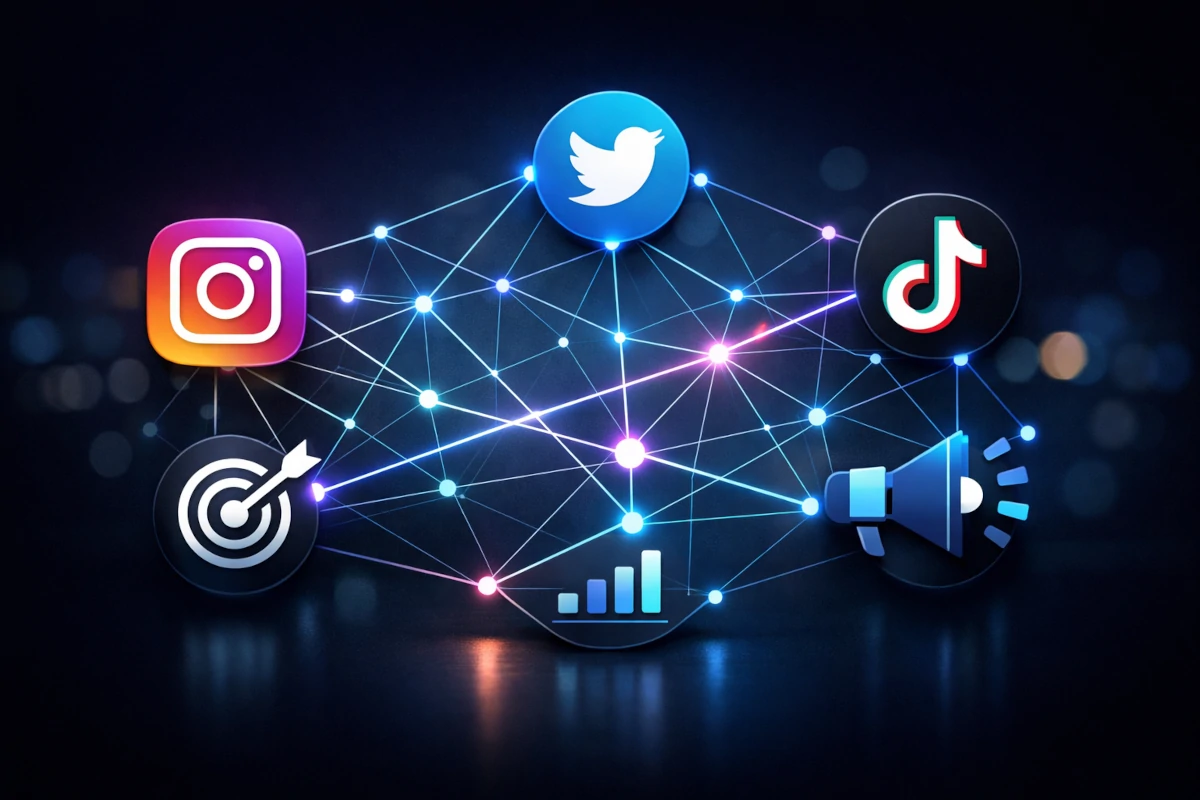Schéma illustrant la synergie entre Instagram, Twitter/X, TikTok et réseaux publicitaires dans une stratégie de contenus intégrée pour plateformes d’abonnement privées