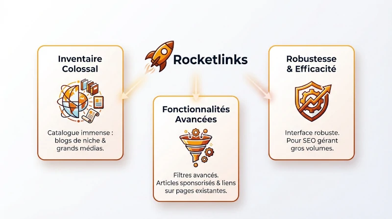 Infographie illustrant les avantages de la plateforme Rocketlinks